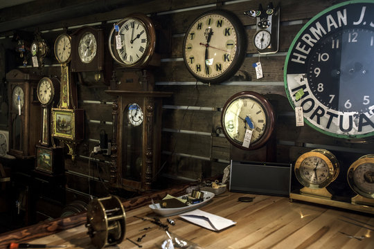 Interior of clock repair shop in New York City