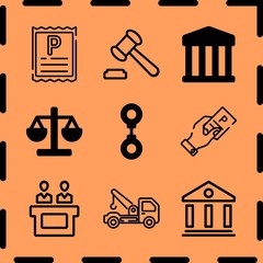Simple 9 icon set of legal related auction, parking ticket, jury and courthouse vector icons. Collection Illustration
