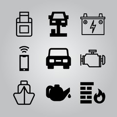Simple 9 icon set of electronics related motor, car repair, smartphone and car vector icons. Collection Illustration