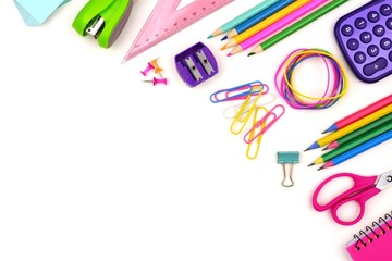 School supplies corner border isolated on a white background