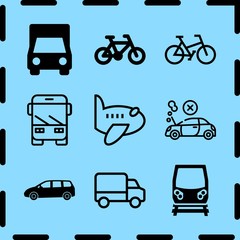 Simple 9 icon set of travel related bicycle, delivery truck, airplane and bus vector icons. Collection Illustration