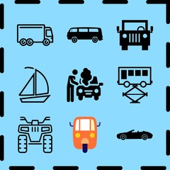 Simple 9 icon set of travel related repairing bus, jeep front, auto ricksaw and big cargo truck vector icons. Collection Illustration