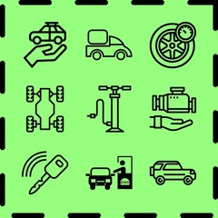 Simple 9 icon set of service related repair, engine, truck outline and drive through vector icons. Collection Illustration