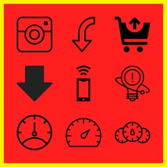 Simple 9 icon set of internet related download, smartphone, dashboard and speedometer vector icons. Collection Illustration