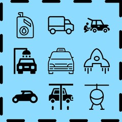 Simple 9 icon set of travel related rocket ship, wide rear wheel car, minivan taxi and helicopter vector icons. Collection Illustration