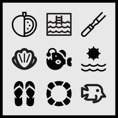 Simple 9 set of Summer related pair of flip flop, tomato, angler and lifebuoy vector icons