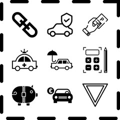 Simple 9 icon set of finance related car with an umbrella, insurance, car with euro symbol and calculator vector icons. Collection Illustration