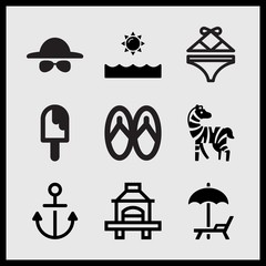 Simple 9 set of Summer related beach umbrella and hammock, beach flip flops, hat and sunglasses and zebra vector icons