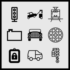 Simple 9 icon set of car related water tank for vehicles, car key, tram and van vector icons. Collection Illustration