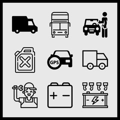 Simple 9 icon set of car related gasoline, battery, battery and truck vector icons. Collection Illustration