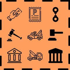 Simple 9 icon set of legal related courthouse, parking ticket, tow truck and tow truck vector icons. Collection Illustration