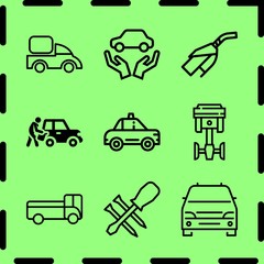 Simple 9 icon set of service related cab, truck outline, minivan and truck vector icons. Collection Illustration