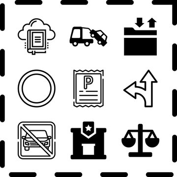 Simple 9 icon set of law related detour, traffic sign, towing a car and no parking vector icons. Collection Illustration