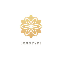 Vector floral luxury curve logo design. Round gold ornate frame. Vintage premium design vector element.