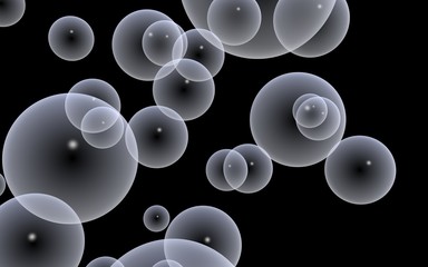 Dark background and light bubbles. Wallpaper, texture with balloons. 3D illustration