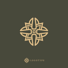 Vector floral luxury curve logo design. Round gold ornate frame. Vintage premium design vector element.