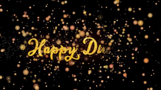 Happy Diwali Abstract particles and fireworks greeting card text with shiny black background for festivals,events,holidays,party,celebration.