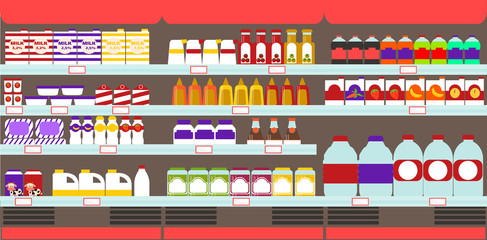 Supermarket, Grocery store shelves with products and drinks. Vector Illustration