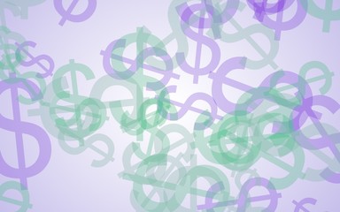 Multicolored translucent dollar signs on white background. Green tones. 3D illustration