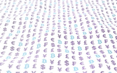 Bitcoin and currency on a white background. Digital Cryptocurrency symbol. Wave effect, currency market fluctuations. Business concept. 3D illustration