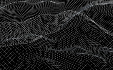 Abstract landscape on a dark background. Cyberspace green grid. Hi-tech network. 3D illustration