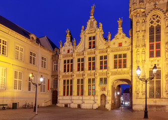 Brugge. Town Hall Square at sunset.