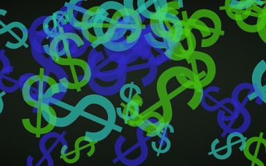 Multicolored translucent dollar signs on dark background. Green tones. 3D illustration