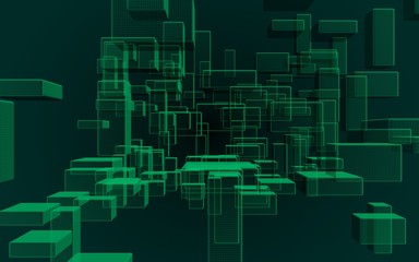Obraz premium Green and dark abstract digital and technology background. The pattern with repeating rectangles. 3D illustration