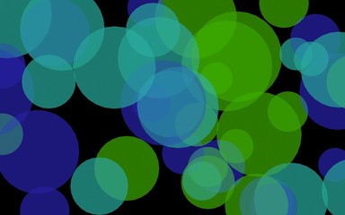 Multicolored translucent circles on a dark background. Green tones. 3D illustration