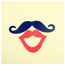 Party, carnival mask - male blue mustache and female red lips. Retro postcard - polaroid photo.