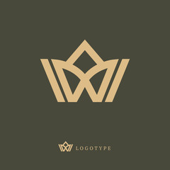 Vector imperial luxury crown logo design. Line art gold ornate symbol. Vintage premium king, queen vector sign.