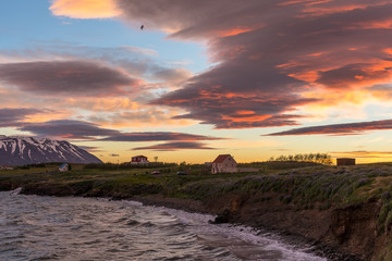 Sunset seen from island of Hrisey in Iceland