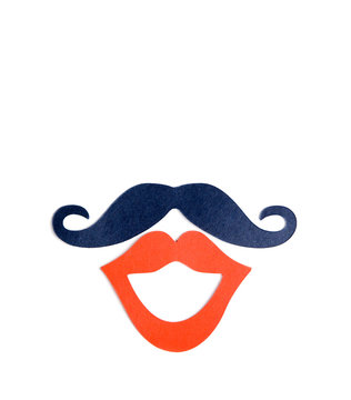 Male blue mustaches and female red lips on the white background. Heterosexual concept.