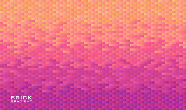 Horizontal background grid of rectangle bricks with gradient from yellow to violet. Pixel effect. Trendy design template. Vector illustration.