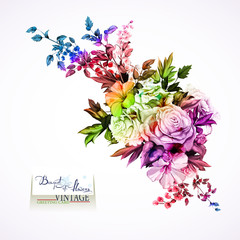 Flowers. Bouquet of roses with buds, lily of the valley with leaves on white. Vintage style. Hand drawn. Vector - stock.