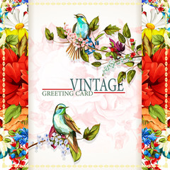 Greeting vintage card with flowers. Wild flower, cornflower, poppy, camomile, lily of the valley and nightingales around. This template can be used as other type of invitations and holidays. Vector