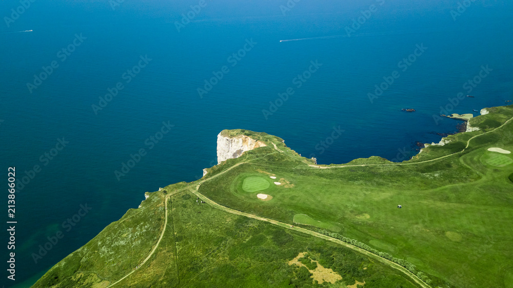 Canvas Prints Drone view of a golf course next to the cliffs in Etretat Normandy France 