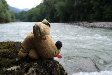 Picture of a dog made from scraps of leather. Handmade.