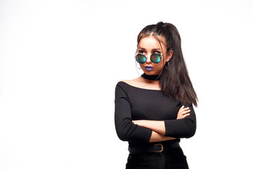 Portrait of cool crazy brunette fashionable girl in sunglasses, casual hairdo on white background. Woman like bitch with pretty makeup big lips