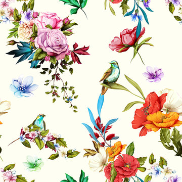 Seamless background pattern. Nightingale, roses, and wild flowers with leaves on white. Watercolor, hand drawn.