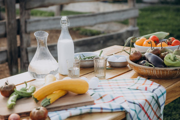 table vegetables milk wooden table rustic style