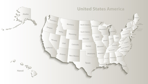 USA map with Alaska and Hawaii map separate states individual names card paper 3D natural vector