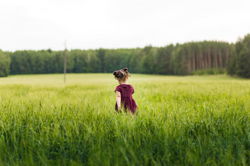 little girl runs through a green meadow
