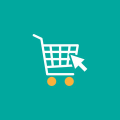 white shopping cart with cursor arrow sign. Simple icon isolated on blue background. Store trolley