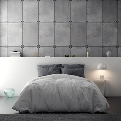 Interior of bedroom with concrete wall, 3D Rendering