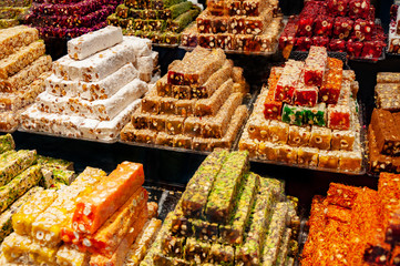 Different kinds of sweet multi-colored Turkish Delight