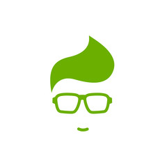 Silhouette of man's head in hipster glasses and . Green simple avatar.