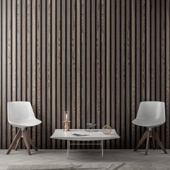 Interior of living room with wood planks wall, 3D Rendering