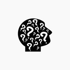 Silhouette of man's head with question marks. Thinking pictogram. What icon. Isolated on white. Vector