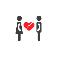 Silhouettes of man and woman with big red broken heart. Unhappy Love. couple simple icon. Isolated